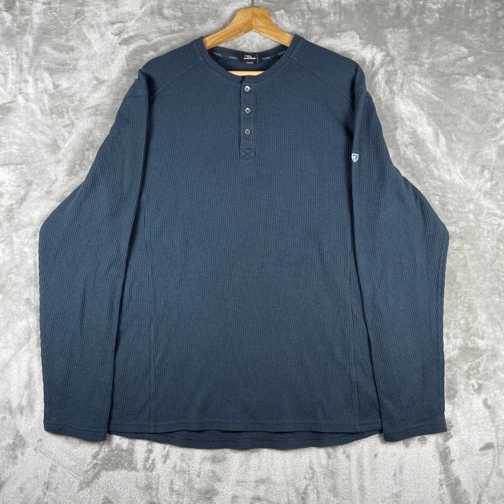 KUHL Henley Men XXL Blue Long Sleeve Waffle Knit Thermal Shirt 7472
